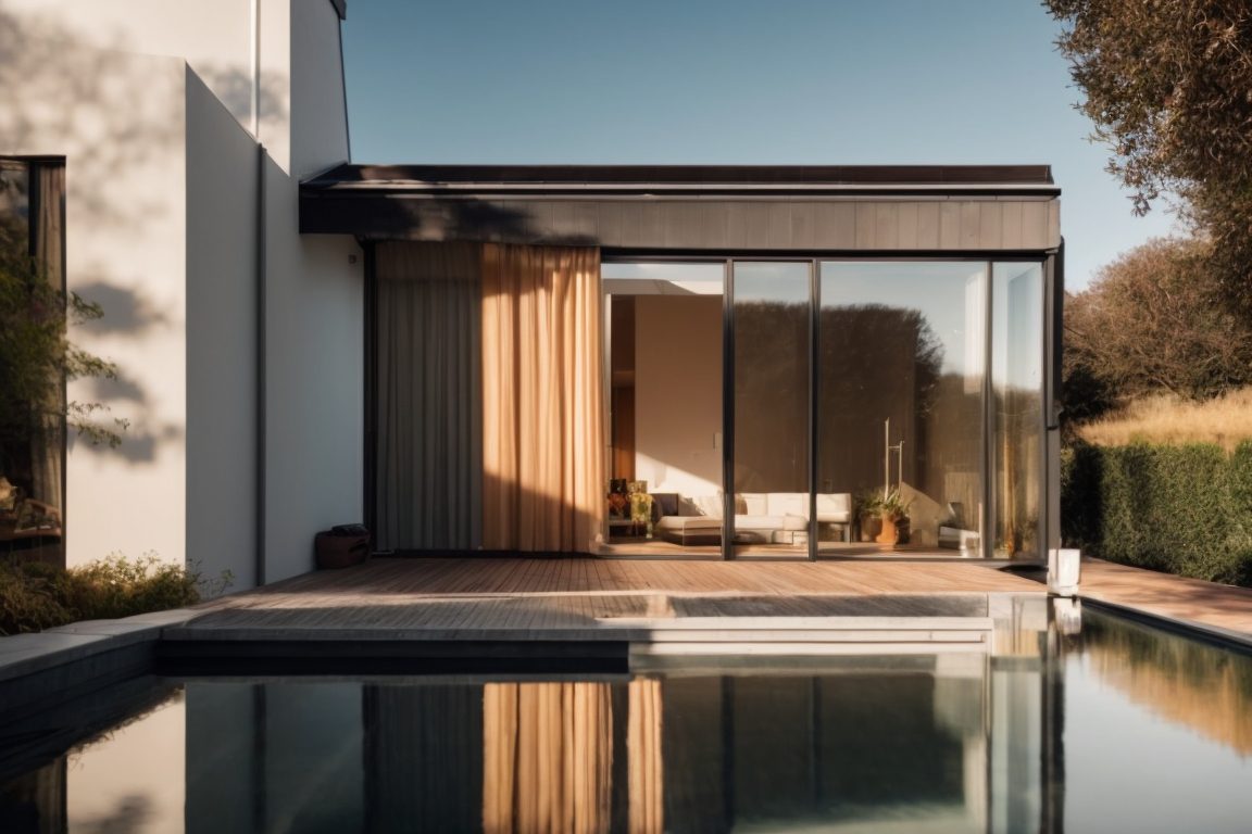 Modern home with window tinting reflecting sunlight