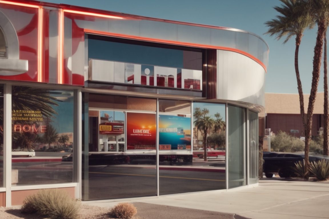 Las Vegas commercial space with custom window tints and vibrant advertisements