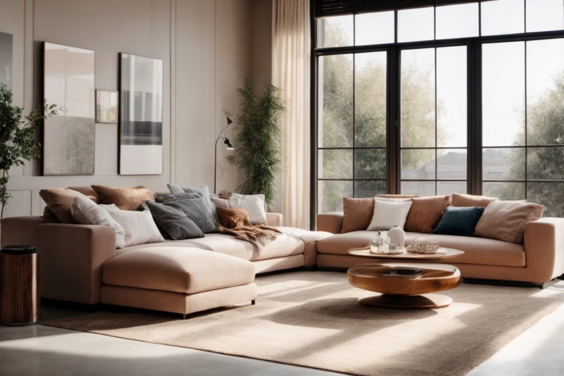 modern living room with tinted windows and comfortable furnishings in bright sunlight