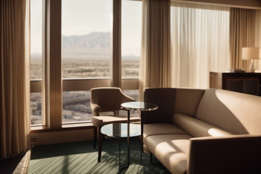 Las Vegas hotel room with opaque window films, soft sunlight filtering through