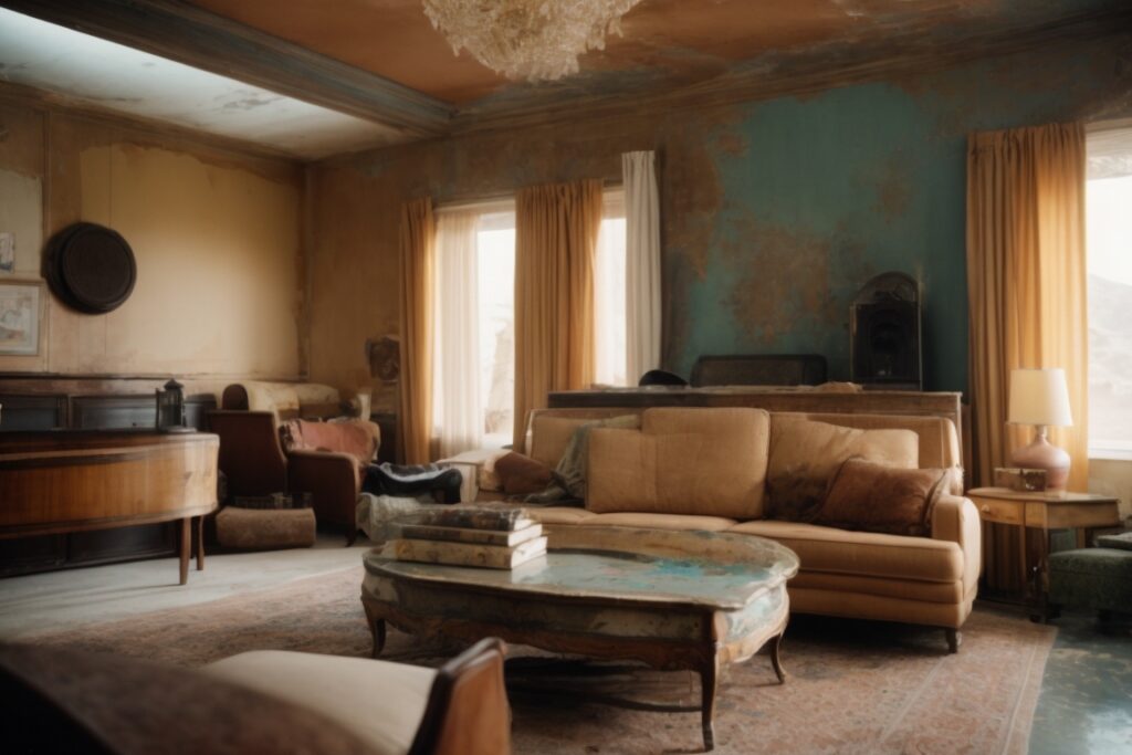 Interior of a Las Vegas home showing sun-damaged furniture and faded artwork