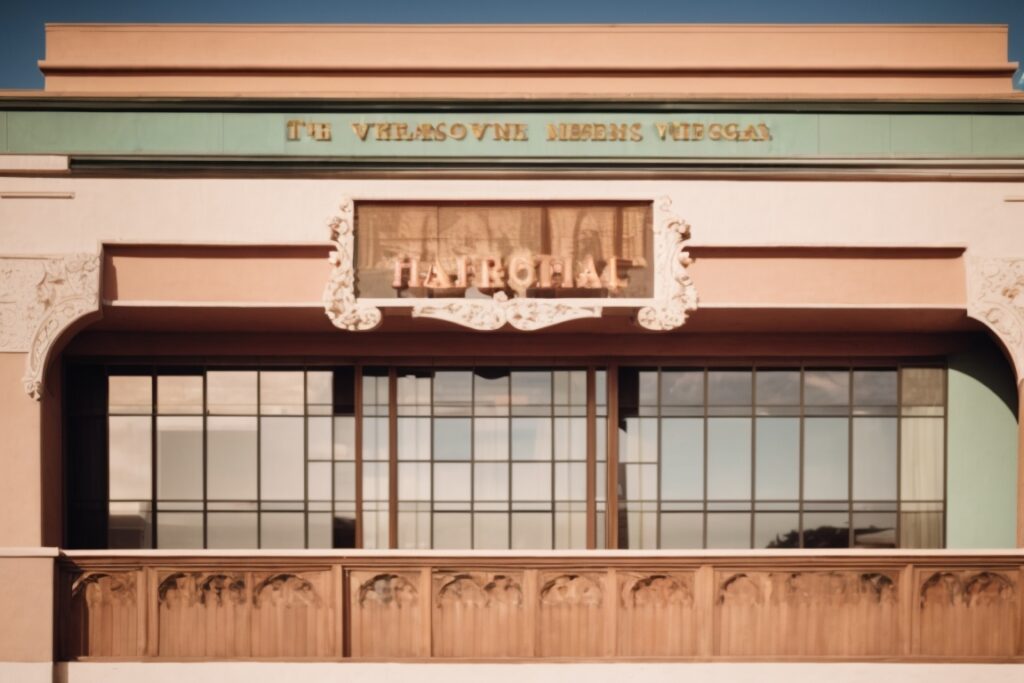 Historic Las Vegas building with opaque window film, intense sunlight