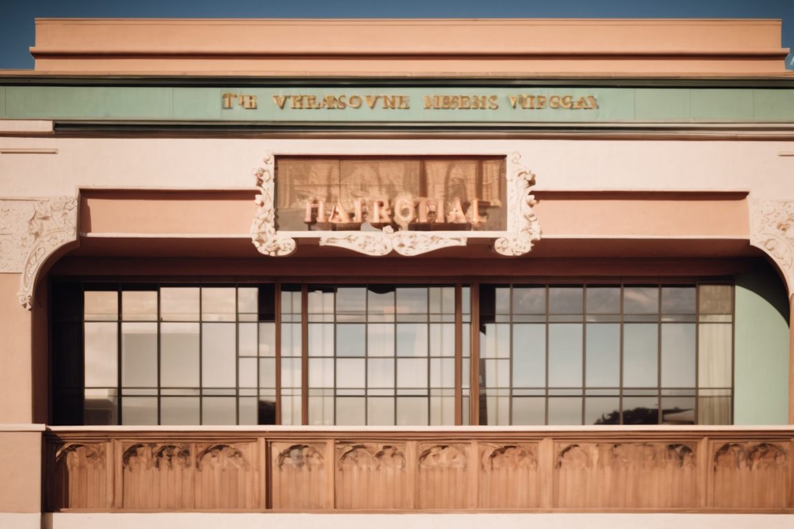 Historic Las Vegas building with opaque window film, intense sunlight