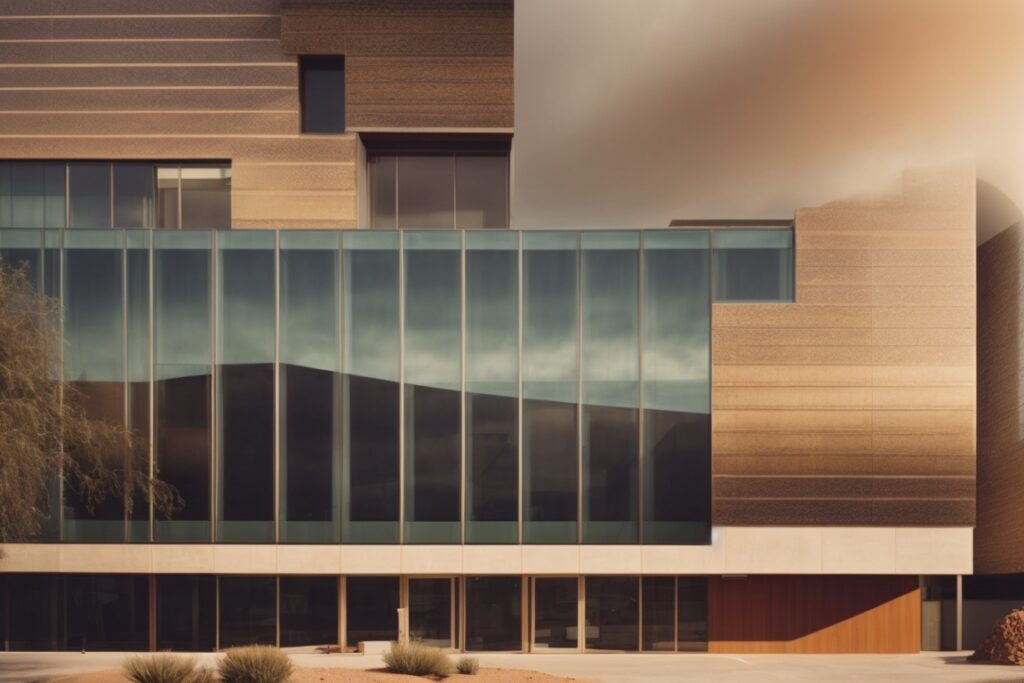 modern office building with energy-saving window films in a desert setting