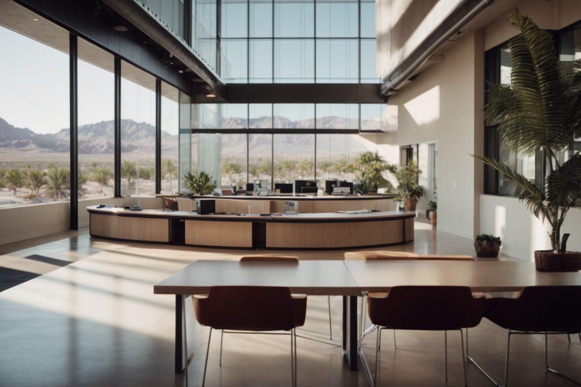 Las Vegas office with large opaque windows, modern decor